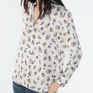 NWT Zara Basic Owl Print Button Down Shirt Small